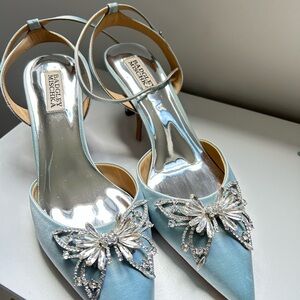 Badgley Mischka “Kaley” Blue Satin Heels with Crystal Embellishments